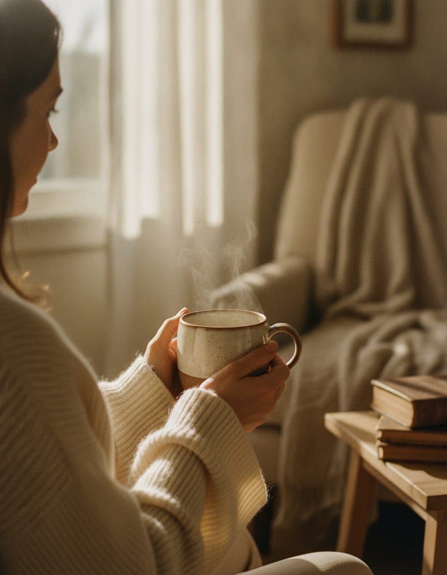 Two hands cupping a warm mug beside a sunlit window — a quiet, private moment