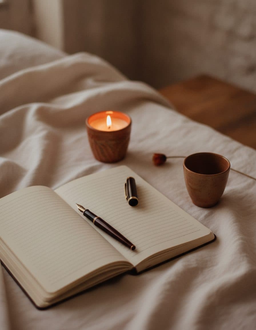 An open journal with a fountain pen resting beside a lit candle and a warm ceramic cup