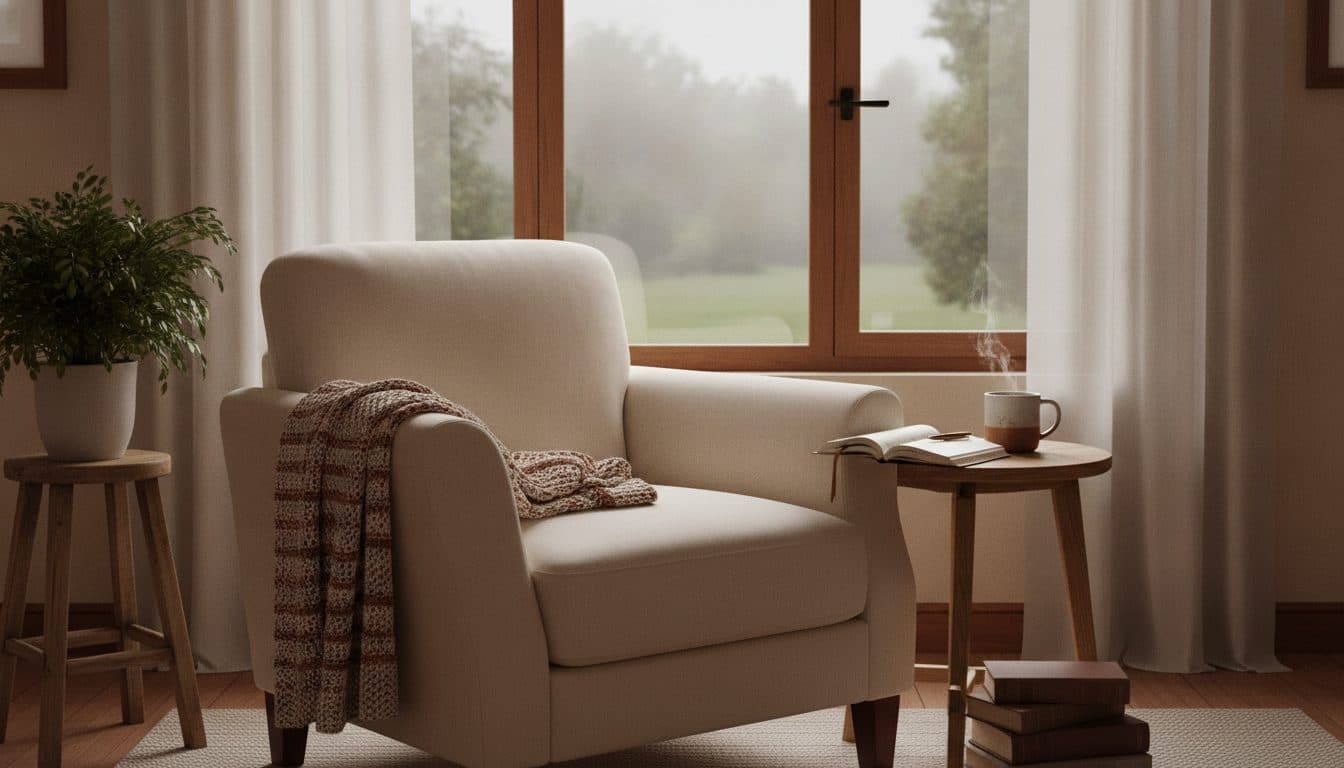 A quiet reading nook by a window — a soft armchair, a knit throw, an open journal and a warm cup of tea